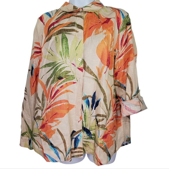 CHICO'S Linen Tropical Button Down Tab Sleeve Blouse Shirt Sz 2 12/14 Palm Leaf - Picture 2 of 11